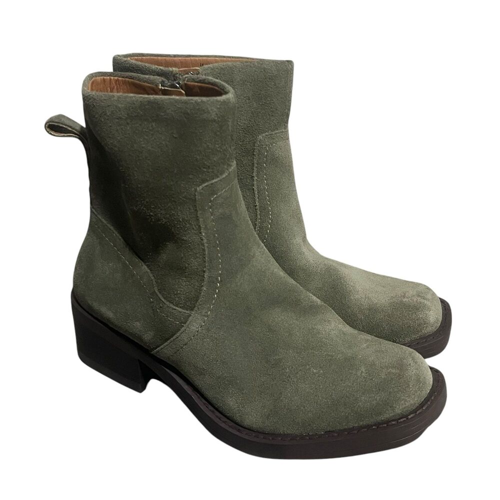 Lucky Brand Kazey Square Toe Suede Bootie Boots‎ Martini Green